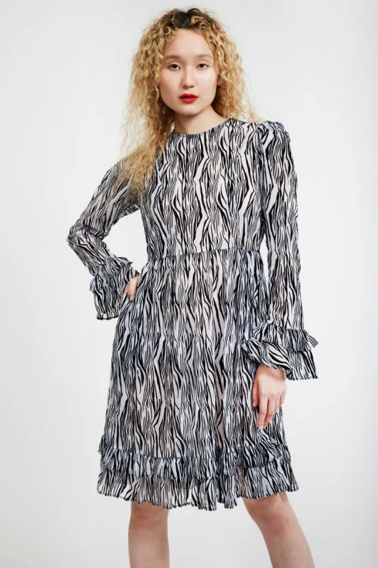 Collarless Prairie Dress in Flocked Zebra made by Batsheva
