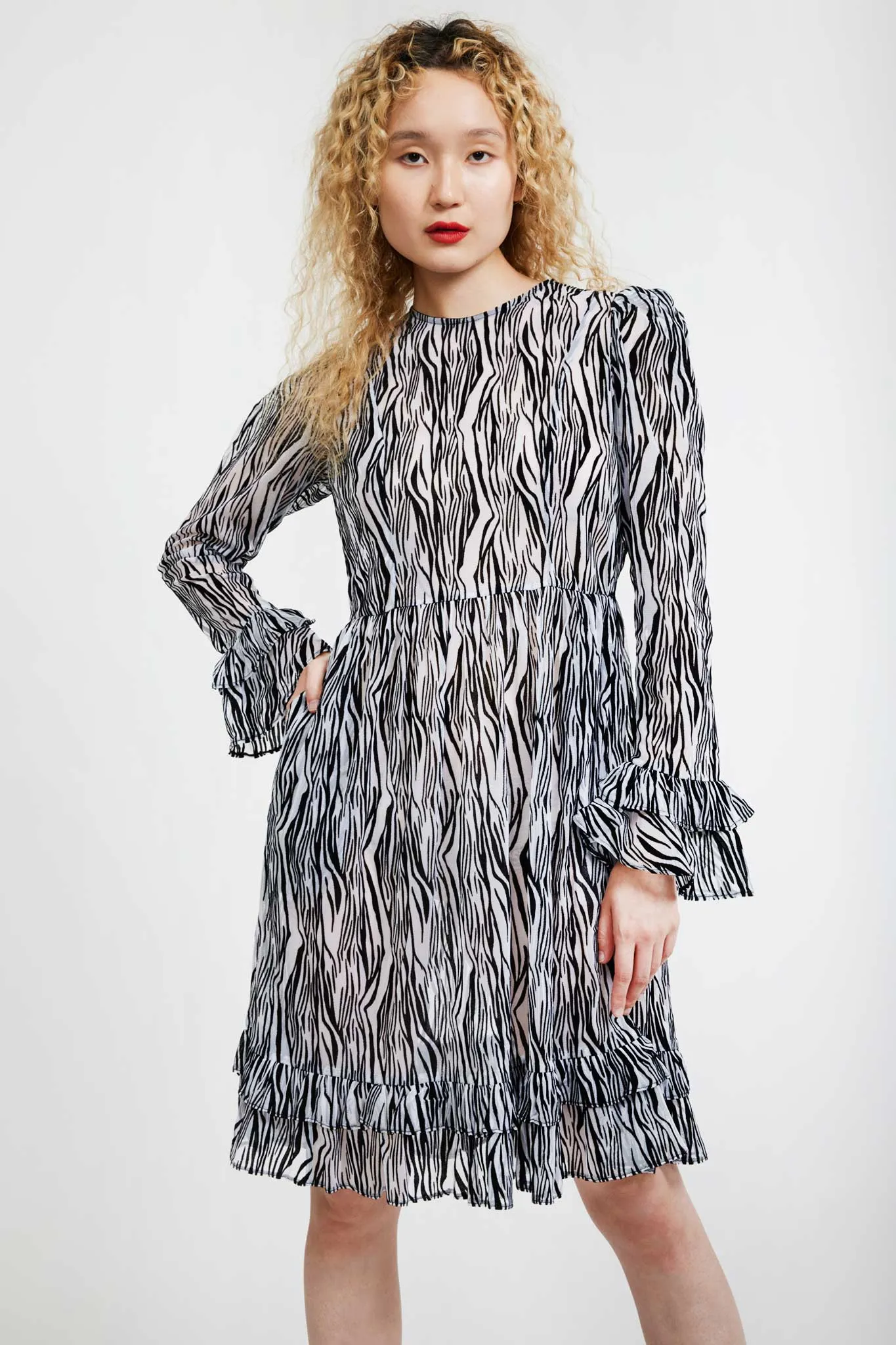 Collarless Prairie Dress in Flocked Zebra sold by Batsheva