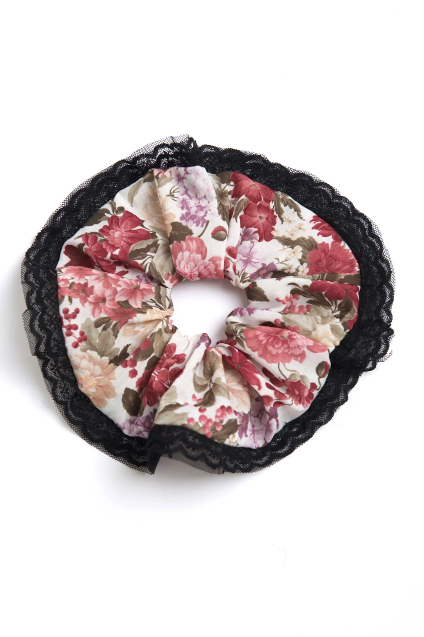 Scrunchie in Pink Floral with Black Lace sold by Batsheva