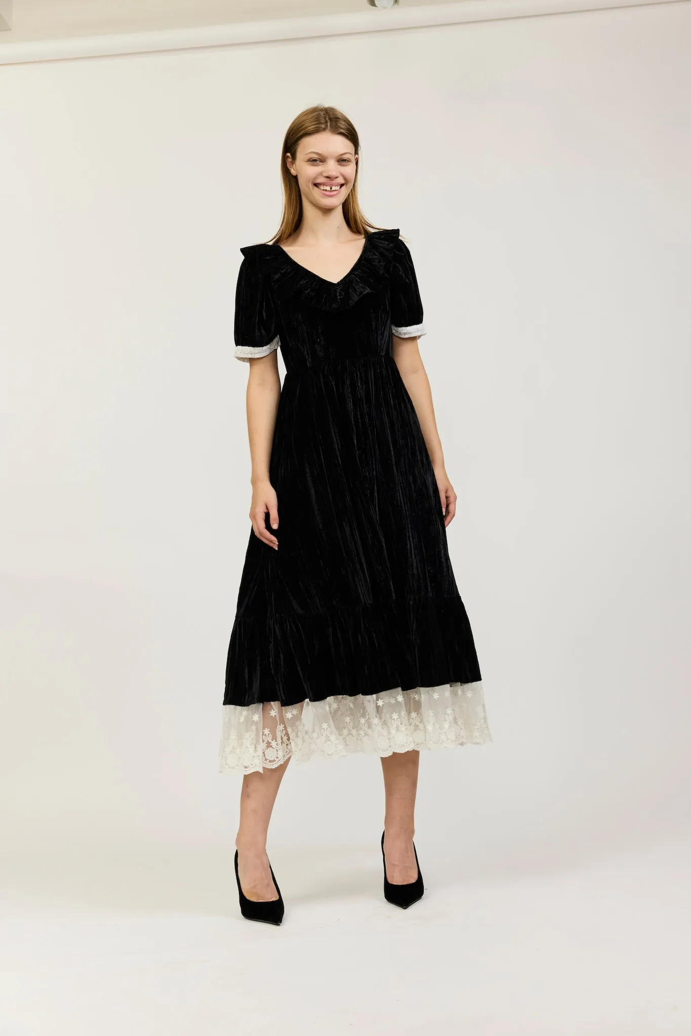 May Dress in Black Crushed Velvet and Lace sold by Batsheva product image thumbnail 4