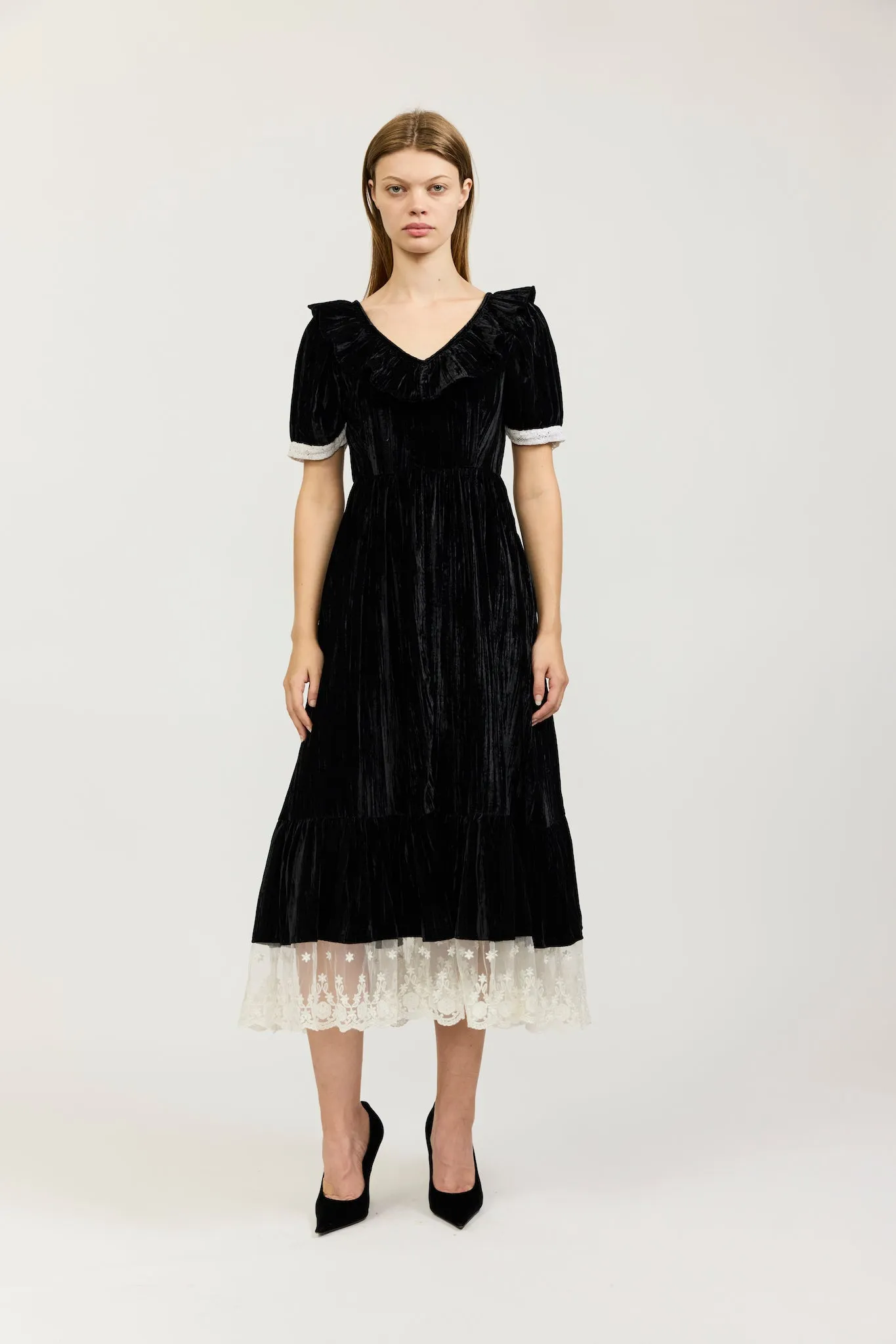 May Dress in Black Crushed Velvet and Lace sold by Batsheva product image thumbnail 3