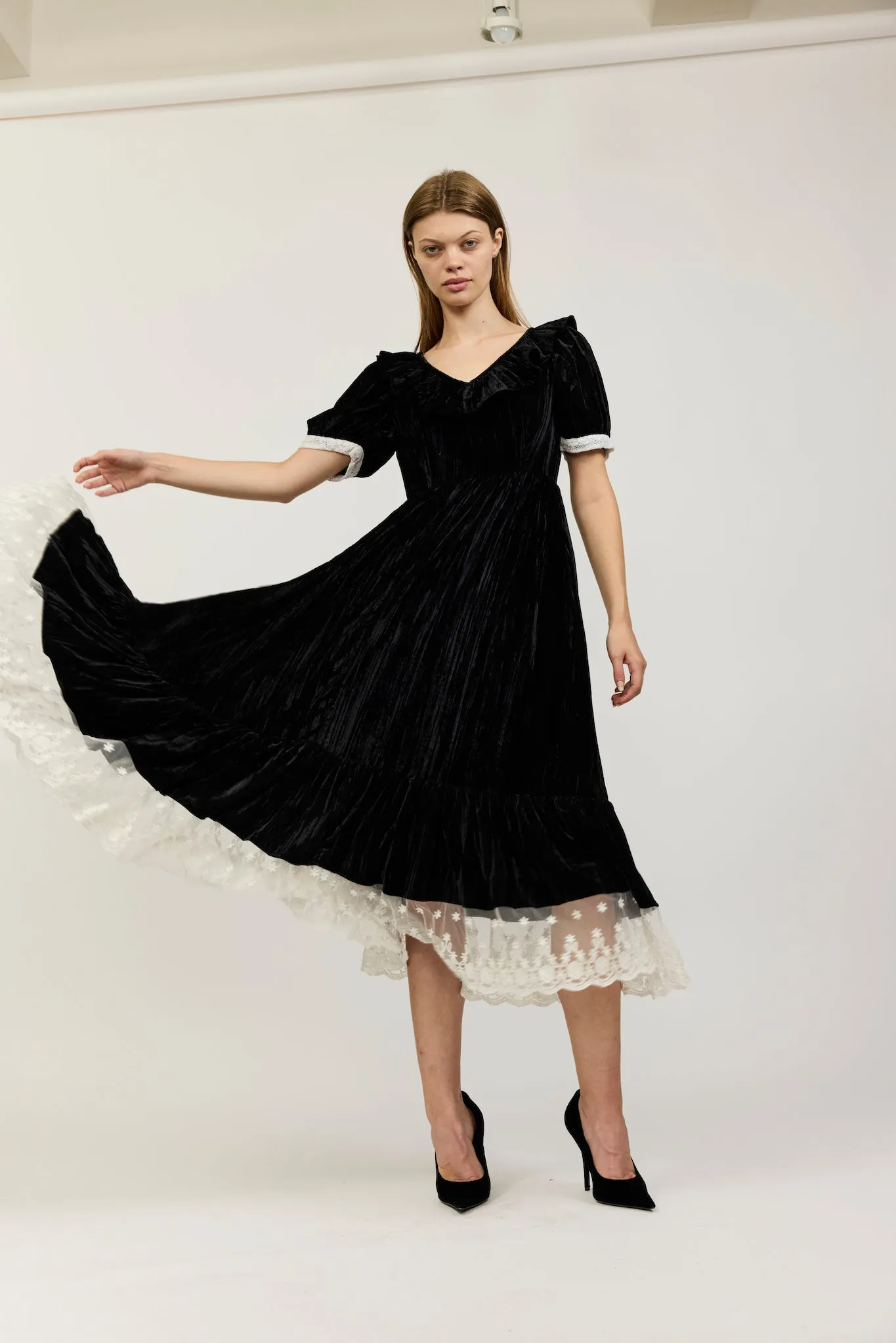 May Dress in Black Crushed Velvet and Lace sold by Batsheva product image thumbnail 5