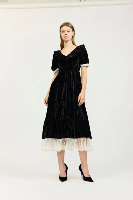 May Dress in Black Crushed Velvet and Lace made by Batsheva