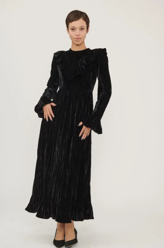 Long Sleeve Caroline Dress in Black Crushed Velvet sold by Batsheva