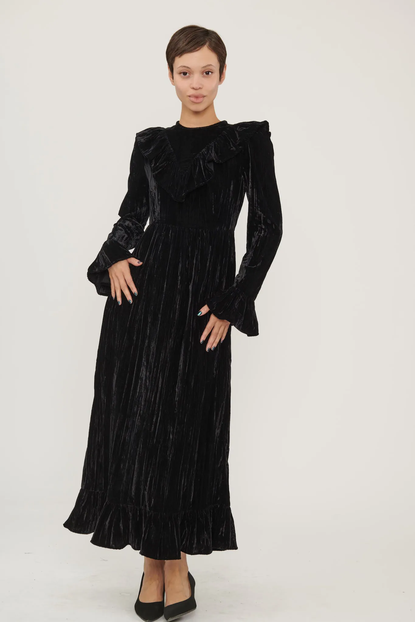 Long Sleeve Caroline Dress in Black Crushed Velvet sold by Batsheva