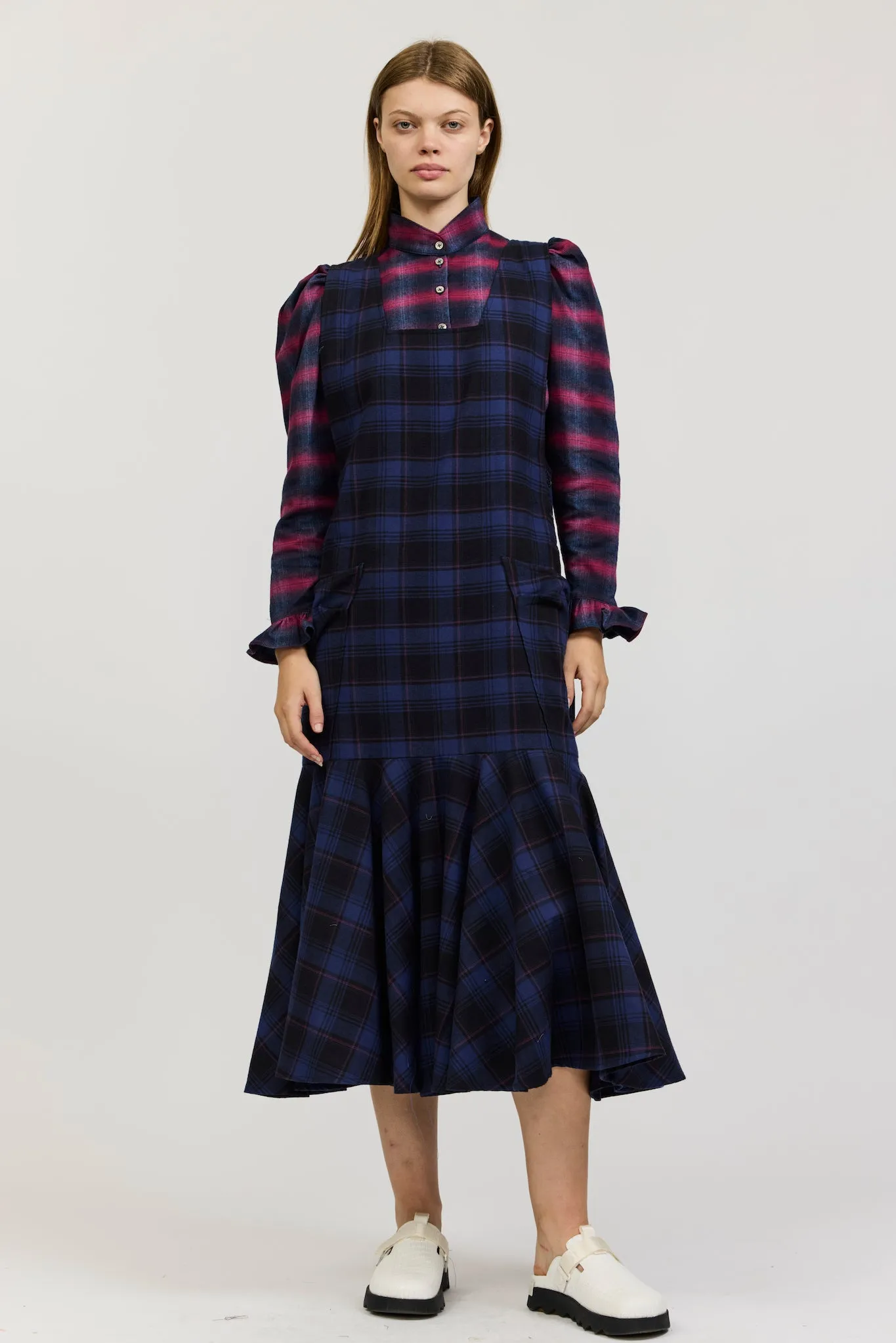 Meredith Dress in Navy and Purple Check Flannel sold by Batsheva