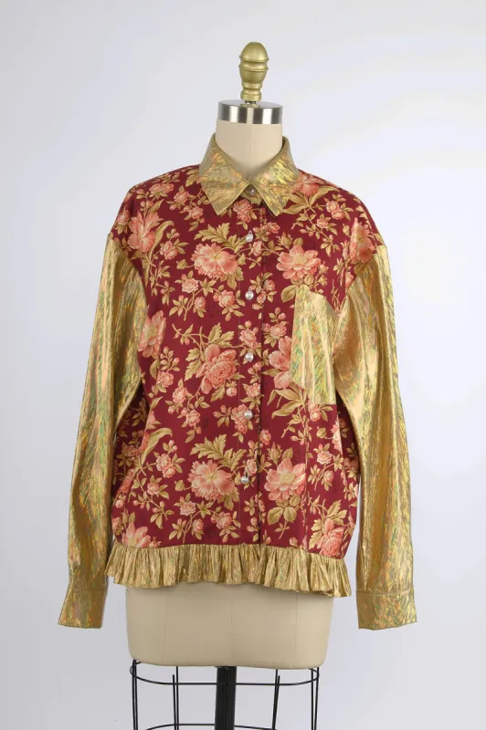 Ruffled Button Up Shirt in Deadstock Floral and Gold Holographic made by Batsheva
