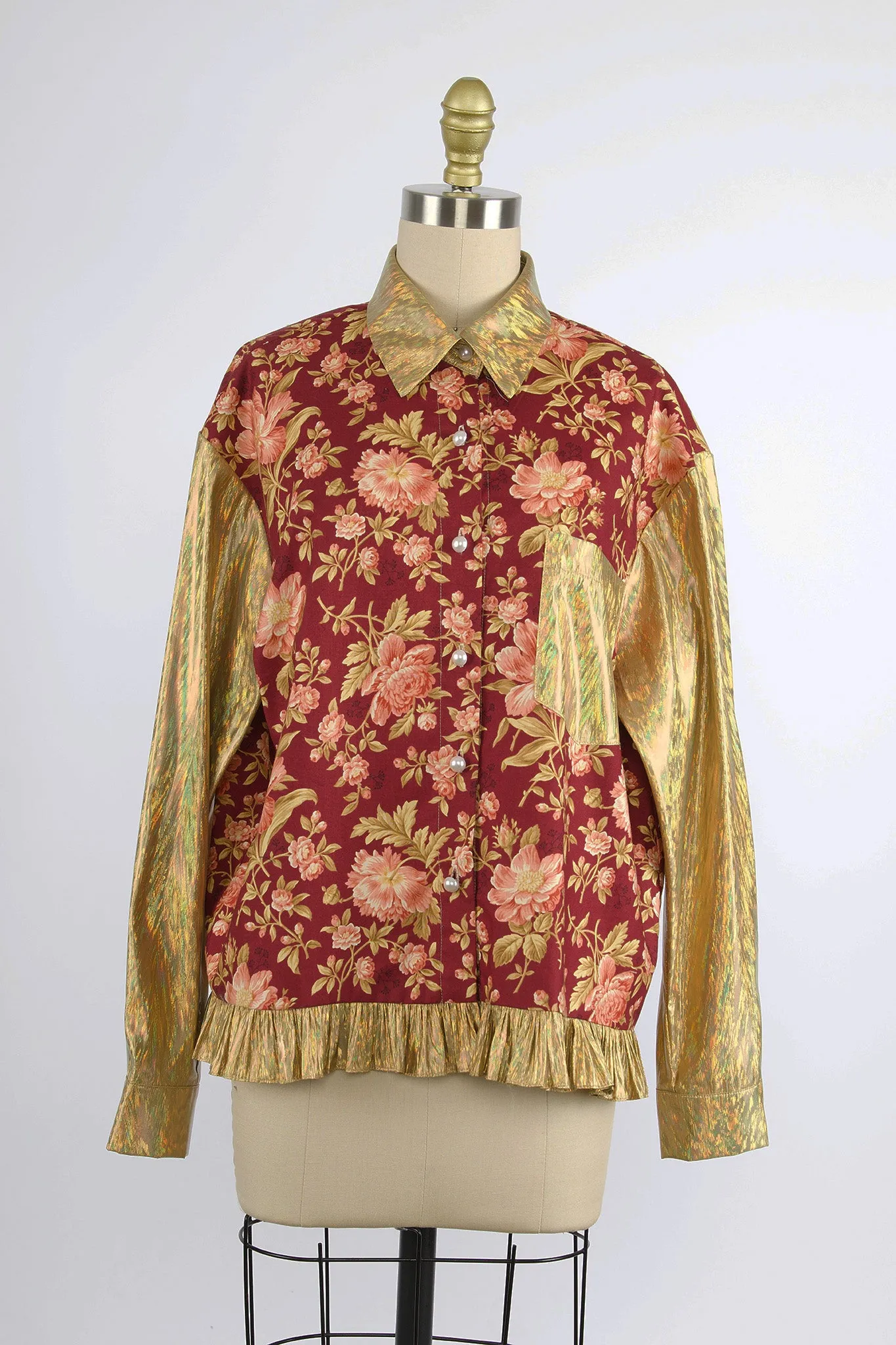 Ruffled Button Up Shirt in Deadstock Floral and Gold Holographic sold by Batsheva