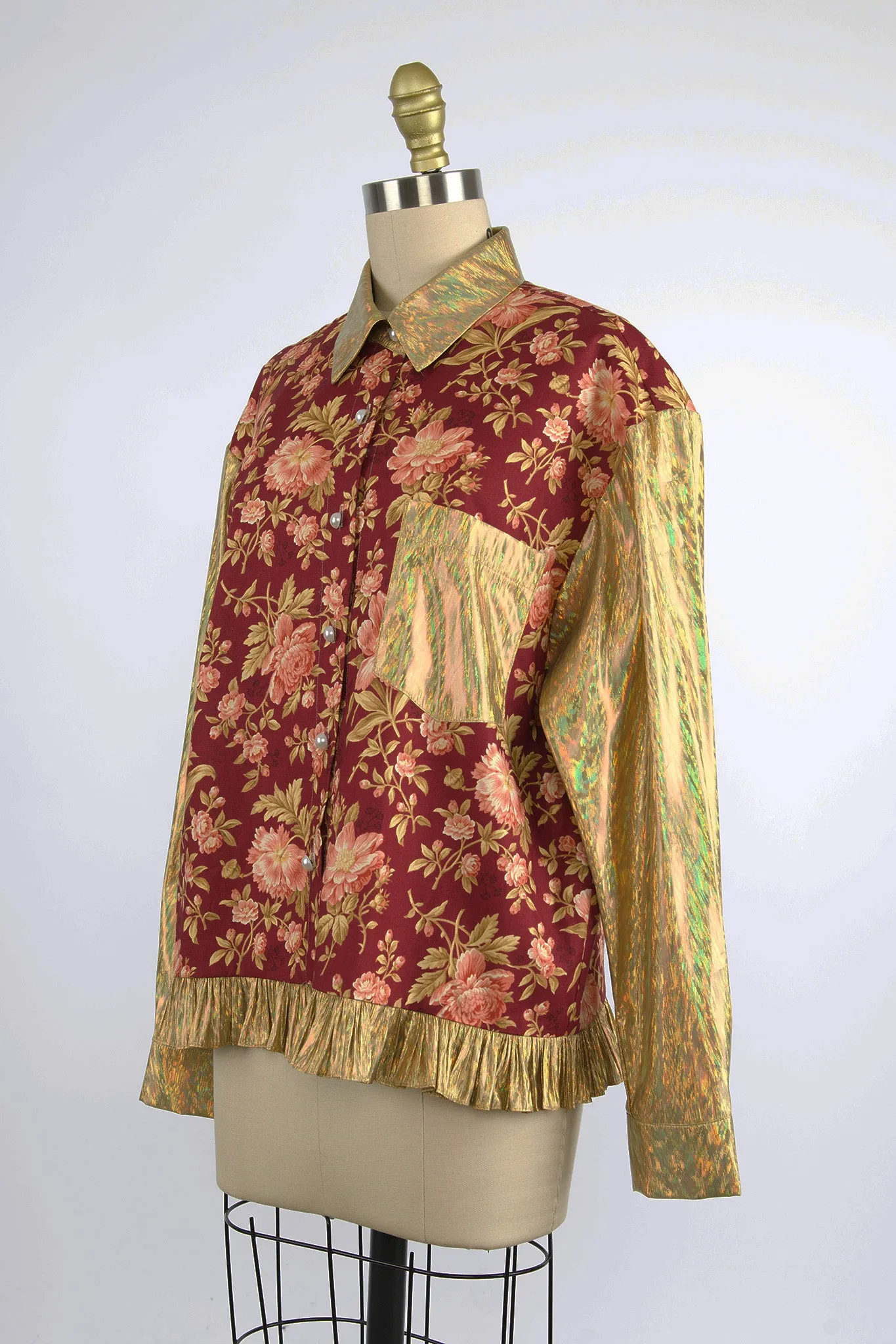 Ruffled Button Up Shirt in Deadstock Floral and Gold Holographic sold by Batsheva product image thumbnail 2
