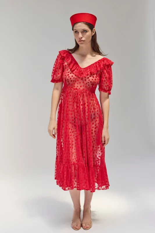 Ruffle May Dress in Red Flocked Star made by Batsheva