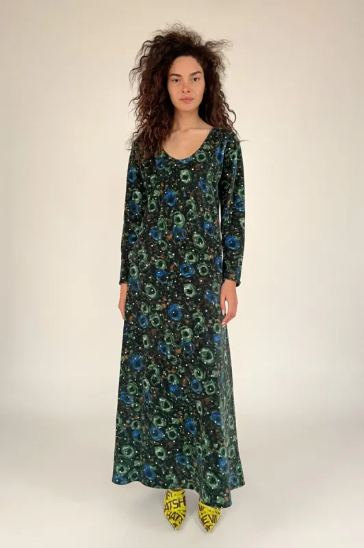 Sample Sale Rhinestone Maxi Dress in Green Floral Velvet sold by Batsheva