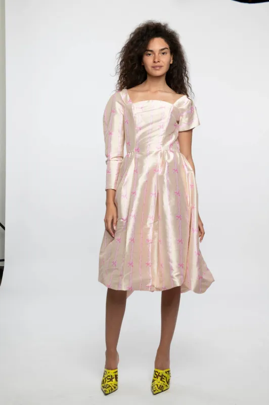 Sample Sale Asymmetric Sleeve Midi Dress in Blush Pink Bow Taffeta made by Batsheva