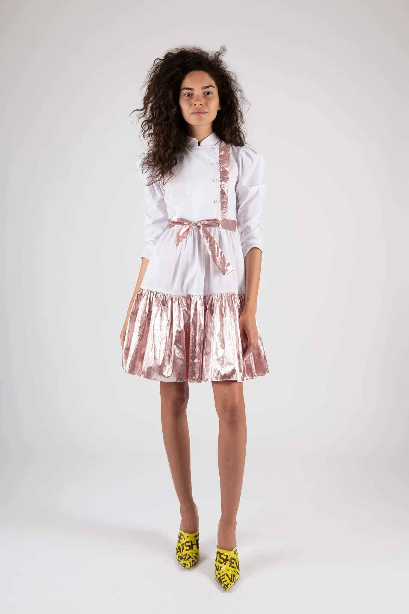 Sample Sale Midi Dress in White and Pink Lamé sold by Batsheva