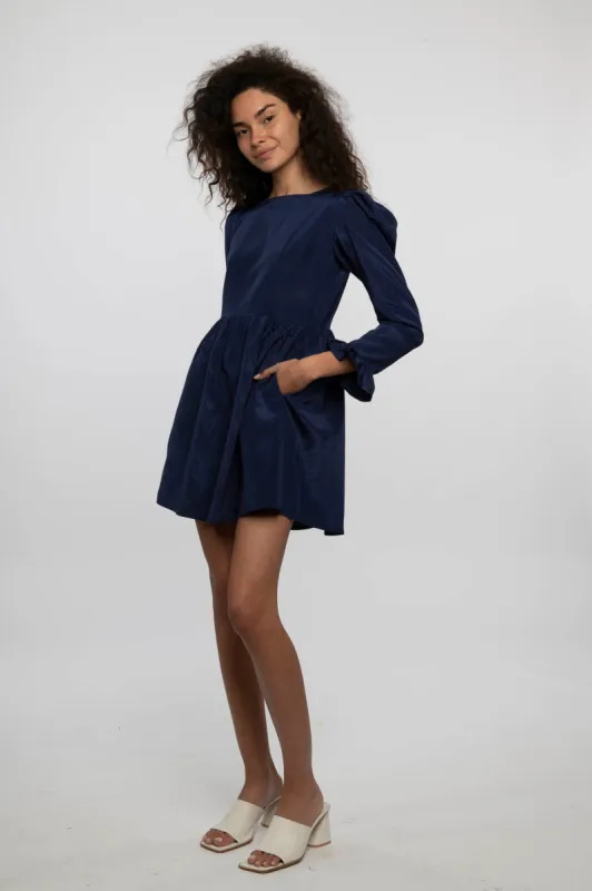 Square Neck Mini Prairie Dress in Navy Moiré made by Batsheva