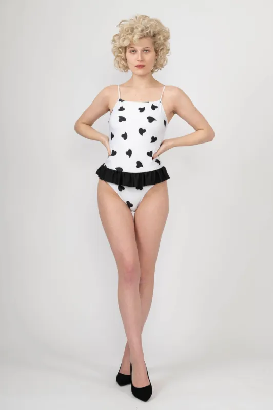 Sample Sale Heart Print Ruffle Swimsuit made by Batsheva