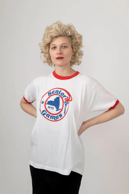 Sample Sale Vintage Senior Games Ringer Tee in White made by Batsheva