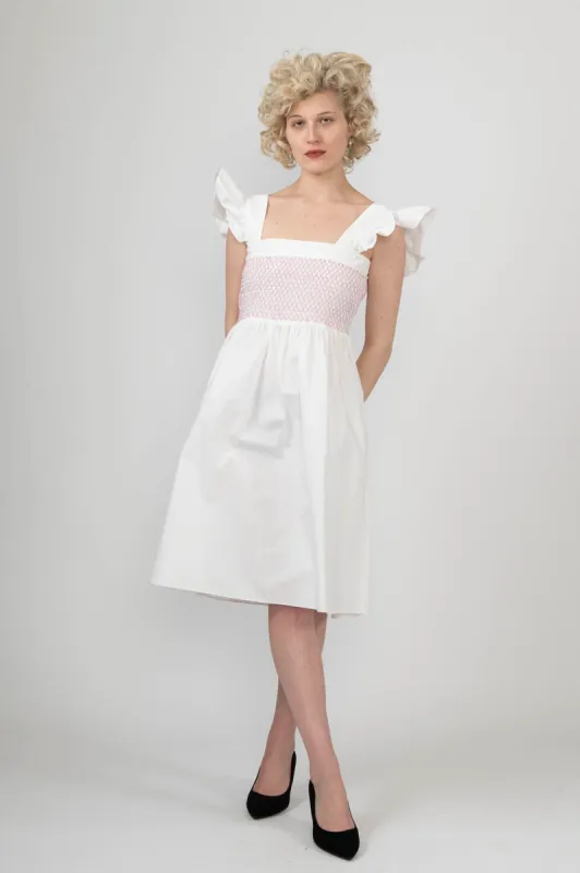 Sample Sale Smocked Dress in White Cotton made by Batsheva