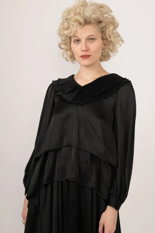 Sample Sale Plissé Collar Blouse in Black Satin sold by Batsheva