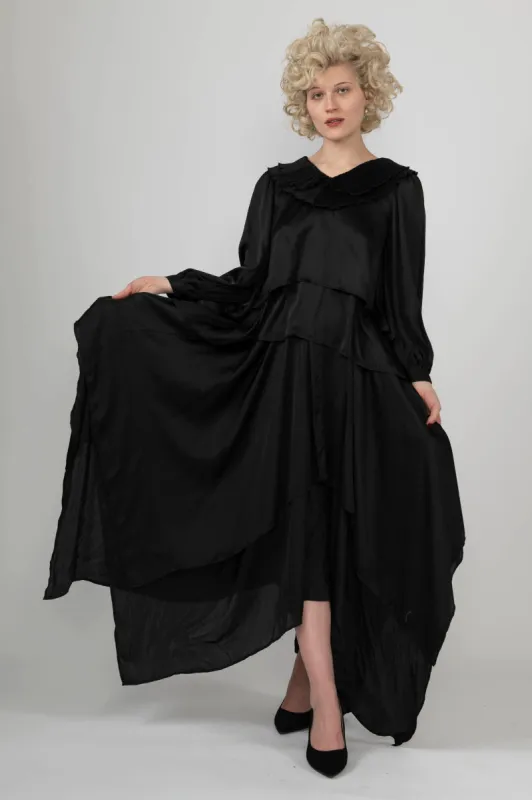 Sample Sale Layered Handkerchief Skirt in Black Satin made by Batsheva