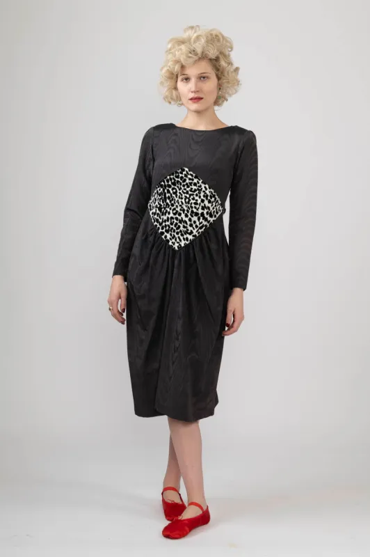 Sample Sale Long Sleeve Cocktail Dress in Black Moire and Leopard Velveteen made by Batsheva