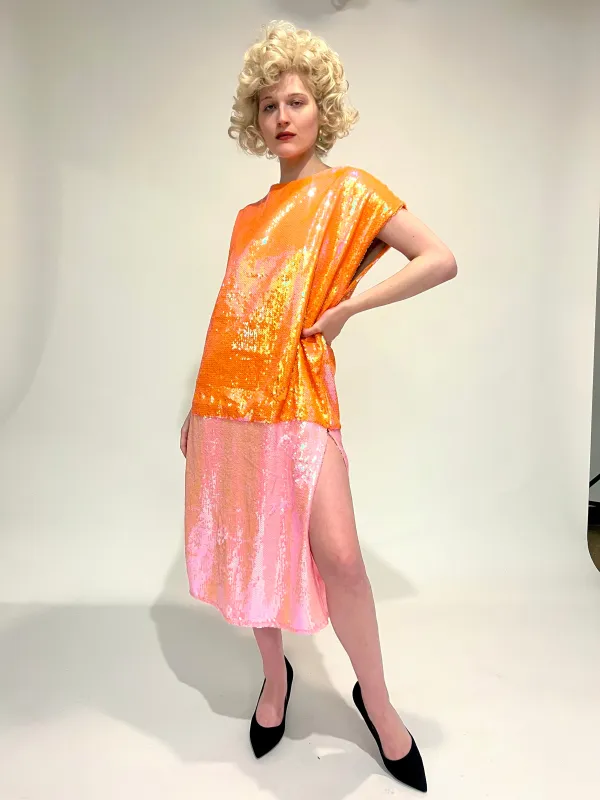 Caftan in Orange and Pink Sequins made by Batsheva