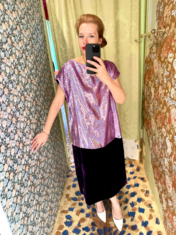 Caftan in Violet Sequin and Silk Velvet sold by Batsheva