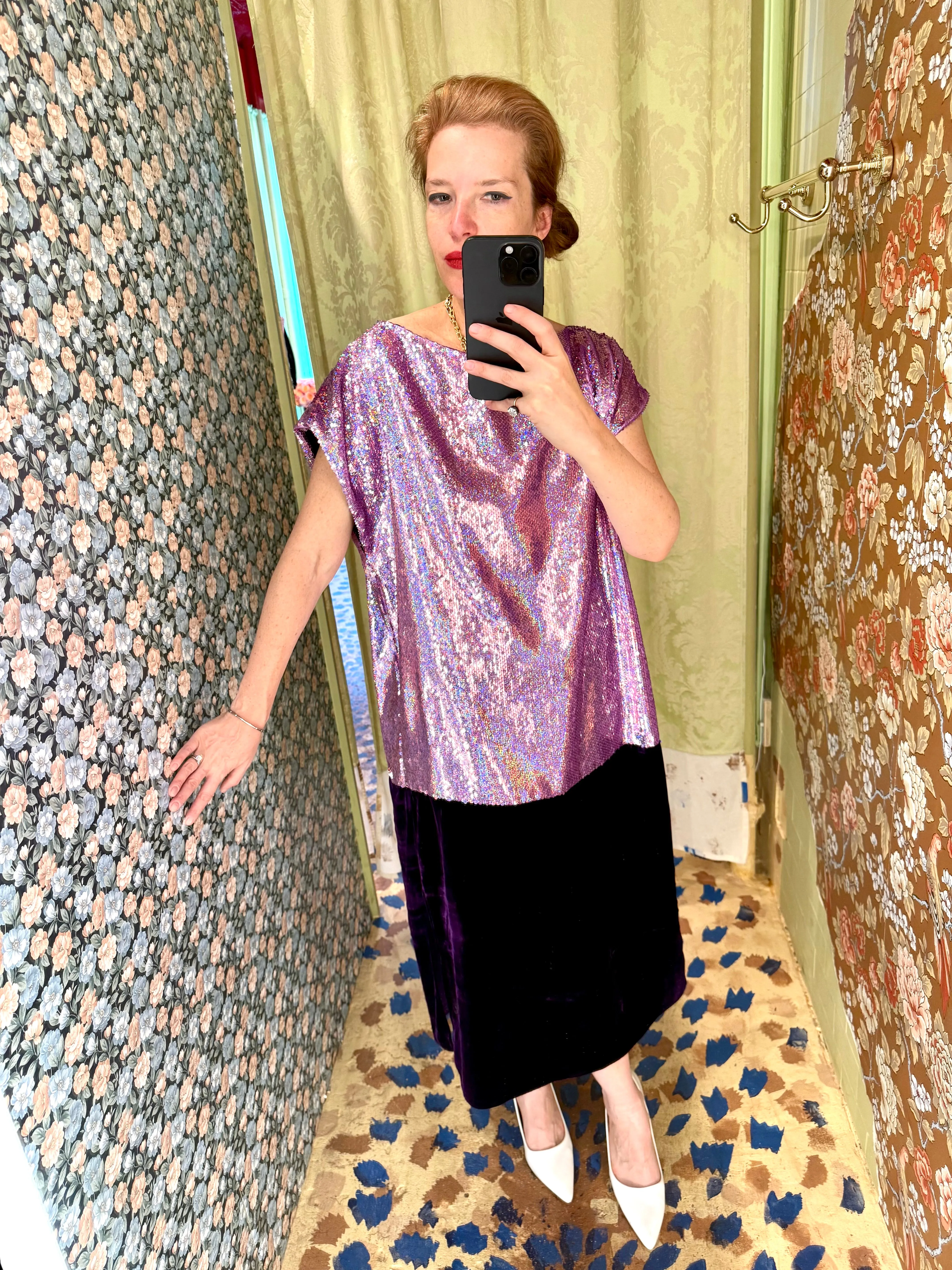 Caftan in Violet Sequin and Silk Velvet sold by Batsheva