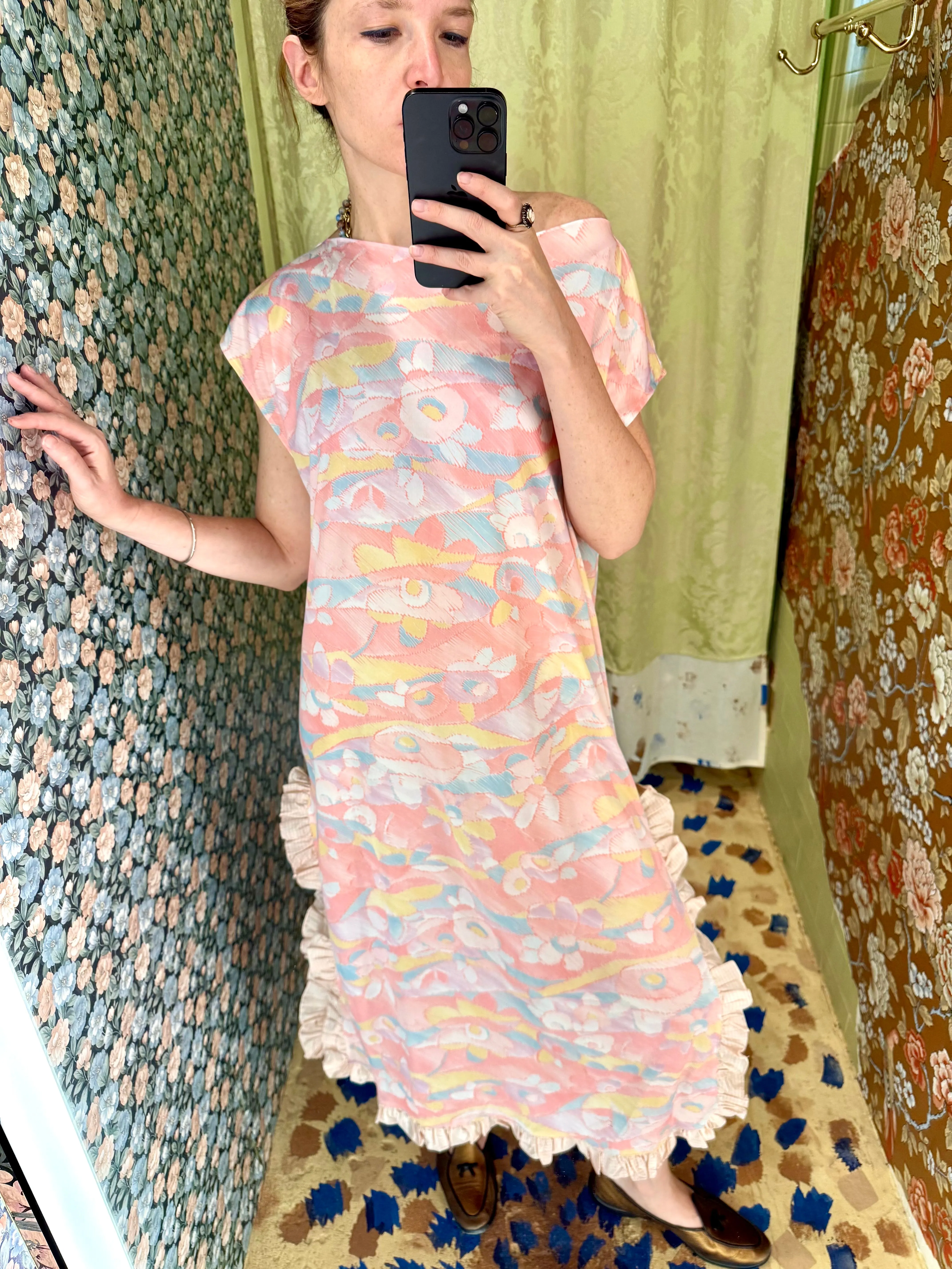 Caftan in Vintage Pink Floral Jersey sold by Batsheva