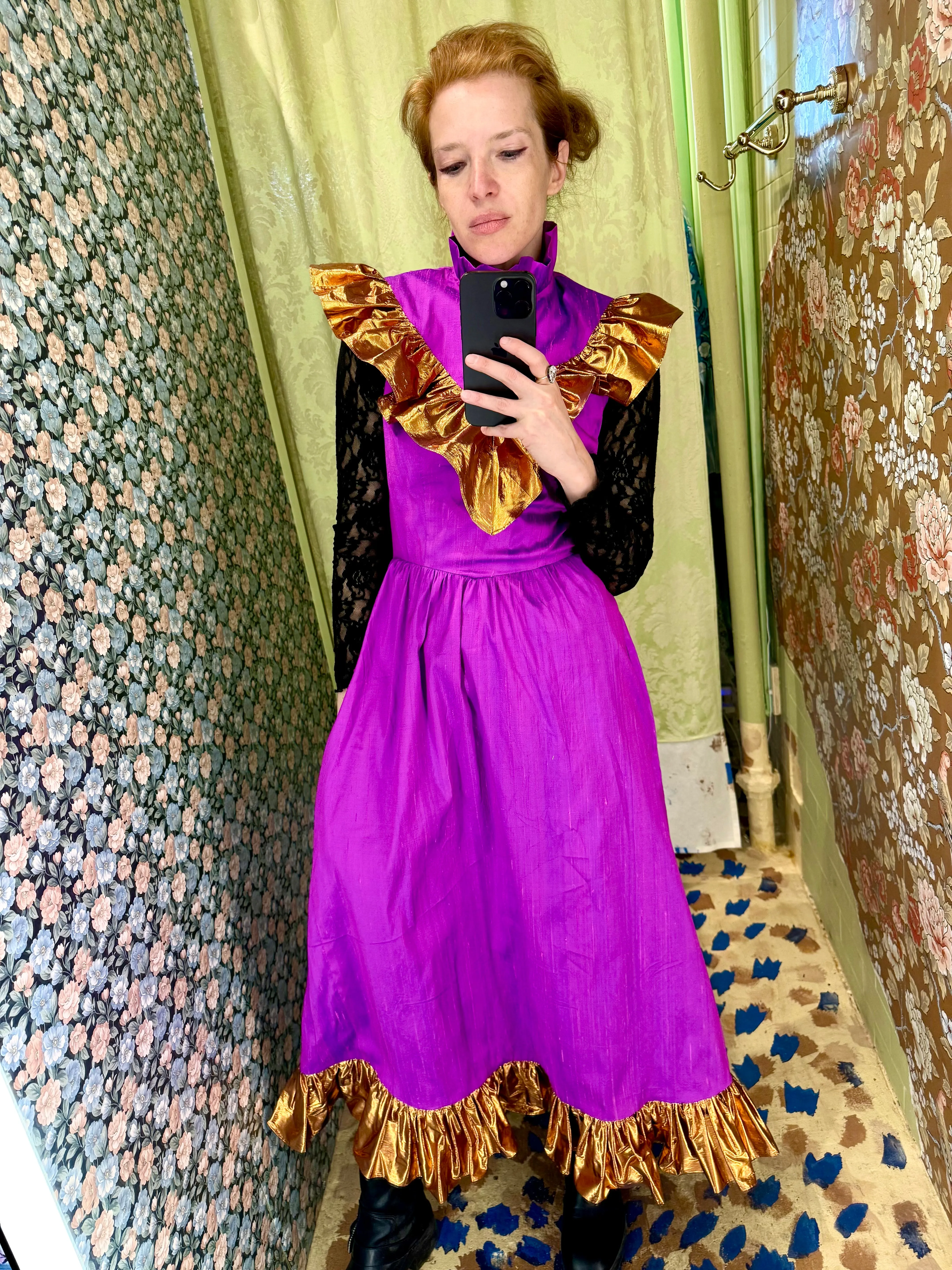 Caroline Dress in Pink Silk and Copper Ruffles sold by Batsheva