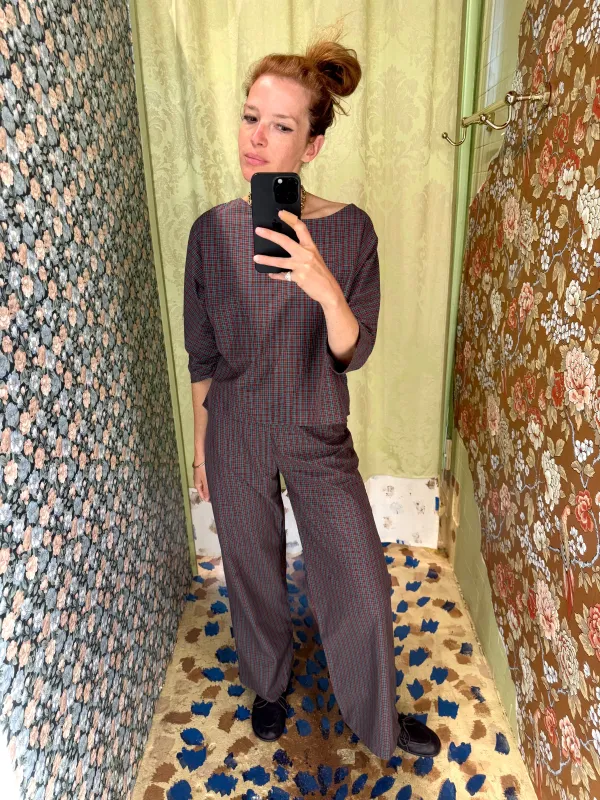 Erin Pant in Burgundy Tartan sold by Batsheva