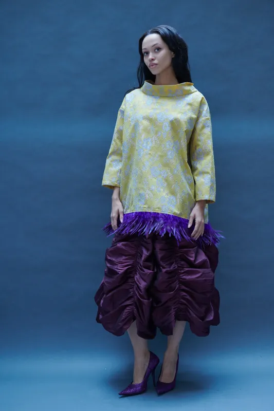 Abigail Coat in Yellow and Purple Lace with Purple Feathers sold by Batsheva