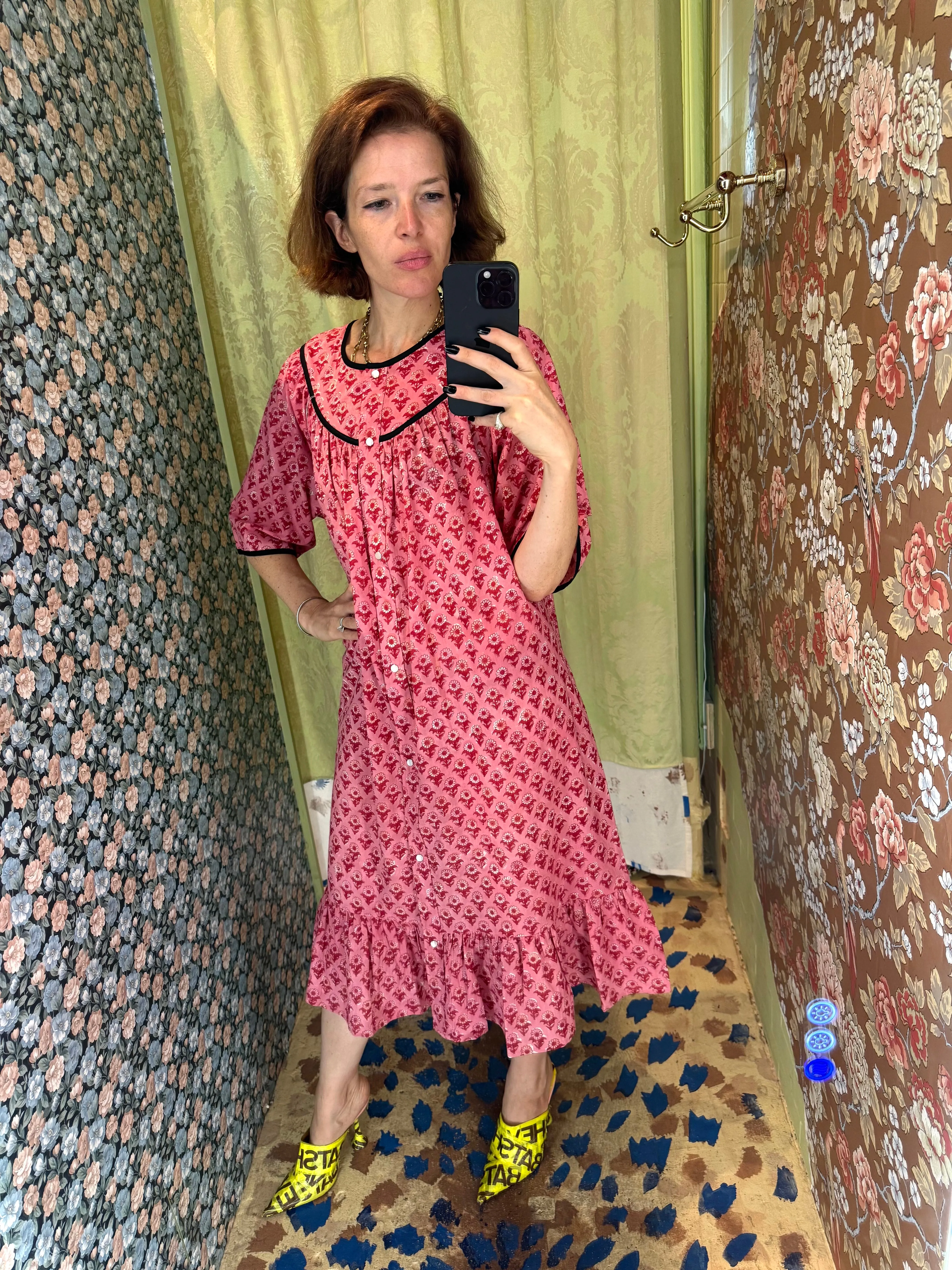 Snap Housedress in Pink and Red Sunflowers sold by Batsheva