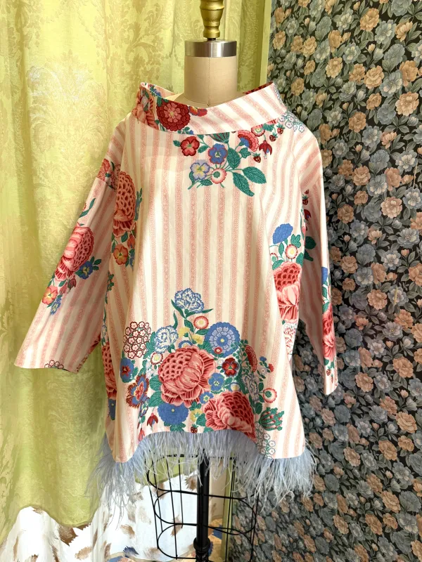 Abigail Coatdress in Floral Stripe Upholstery with Blue Ostrich Feathers sold by Batsheva