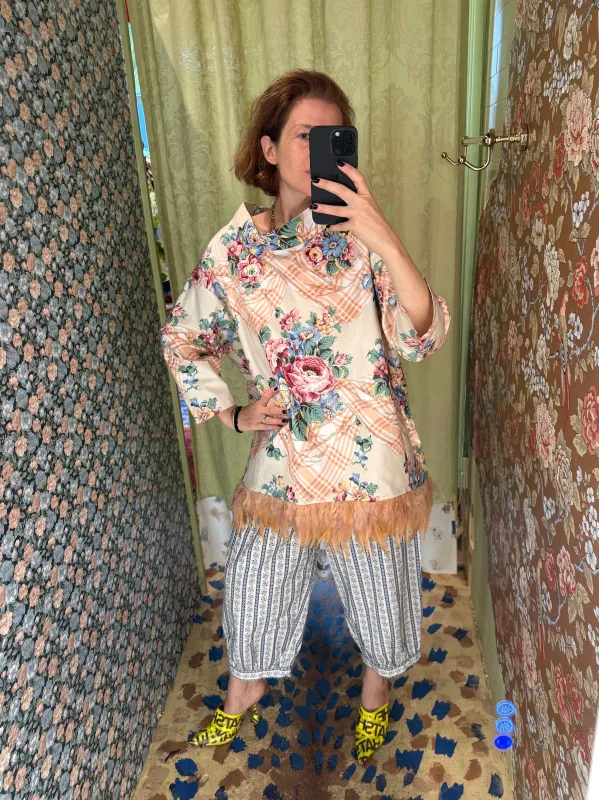 Abigail Coatdress in Trompe L'Oeil Upholstery with Pink Feathers sold by Batsheva