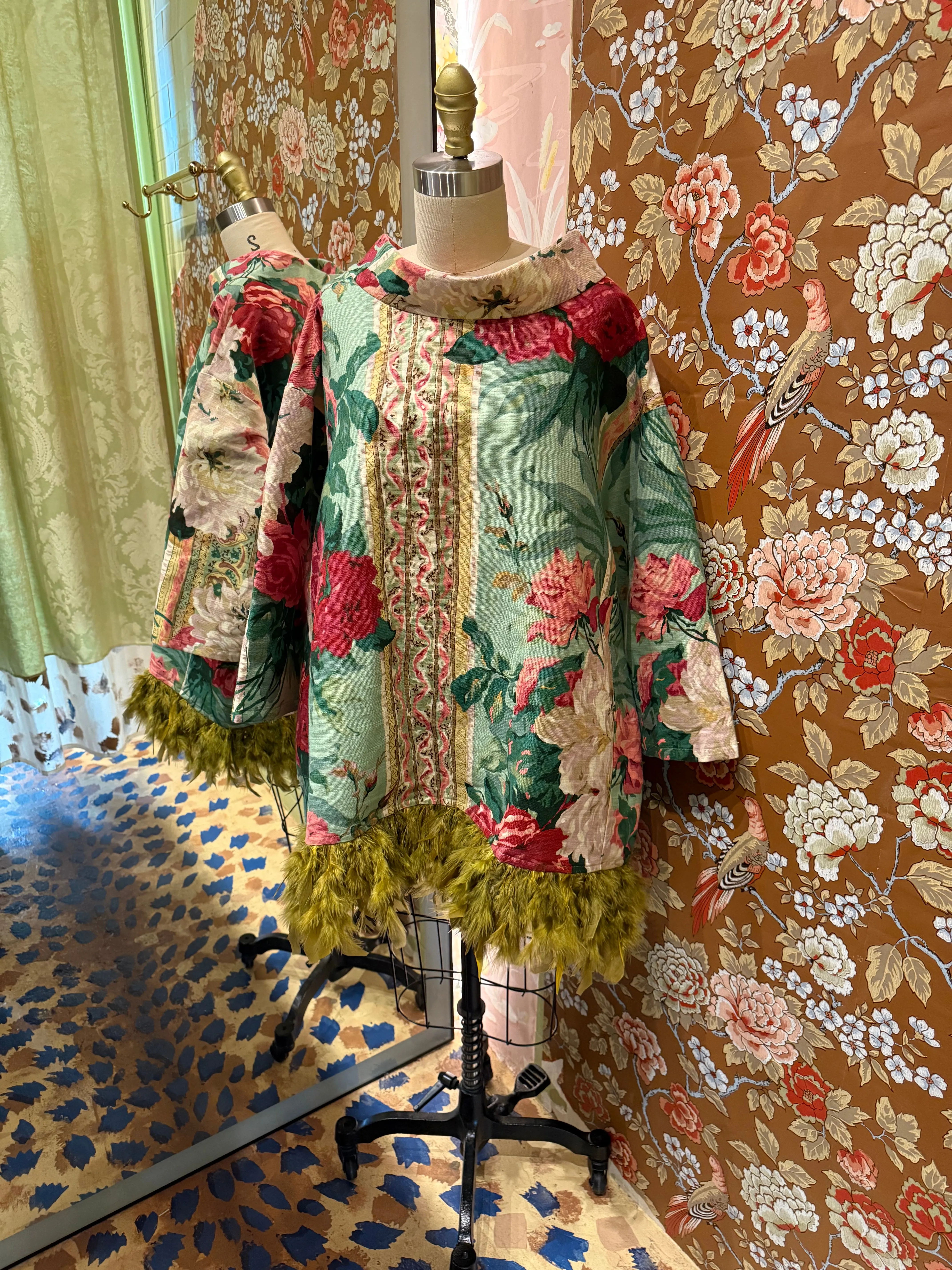 Abigail Coatdress in Green Floral Upholstery with Green Feathers sold by Batsheva product image thumbnail 3