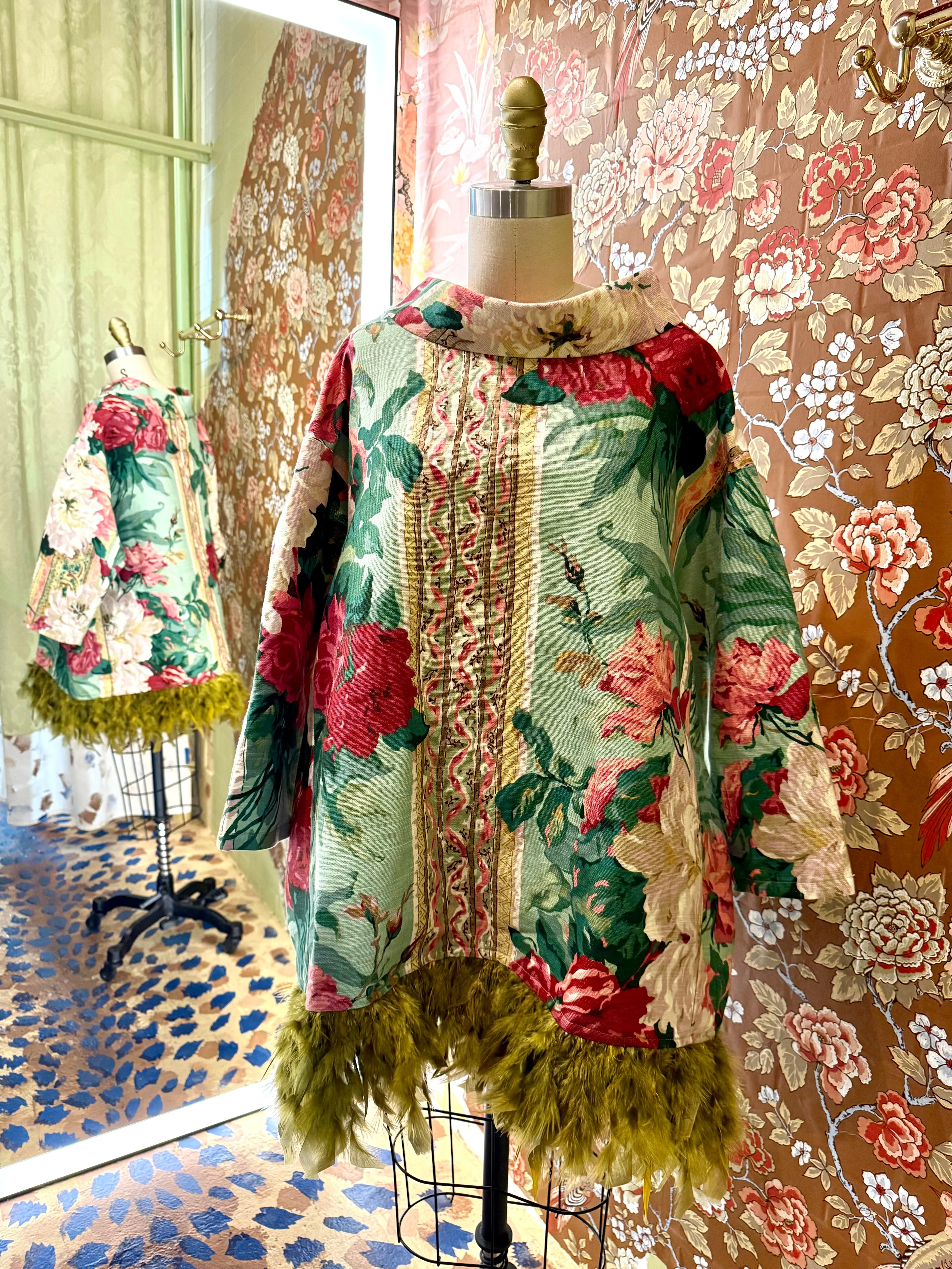 Abigail Coatdress in Green Floral Upholstery with Green Feathers sold by Batsheva