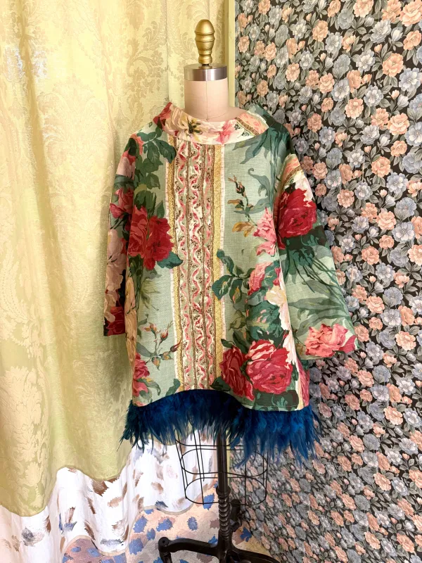 Abigail Coatdress in Green Floral Upholstery with Blue Feathers sold by Batsheva