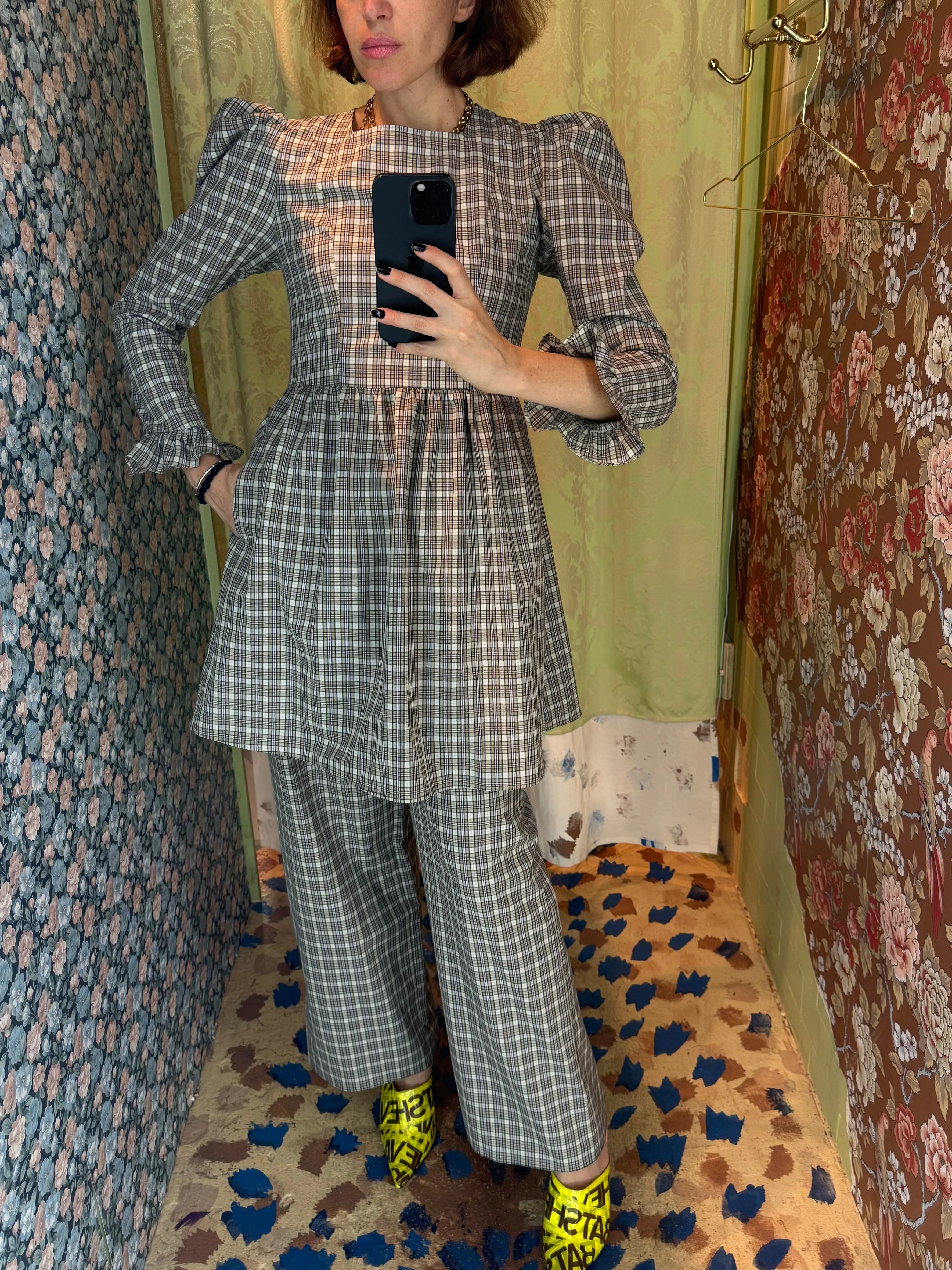 Square Neck Mini Prairie Dress in Beige Tartan sold by Batsheva product image thumbnail 2