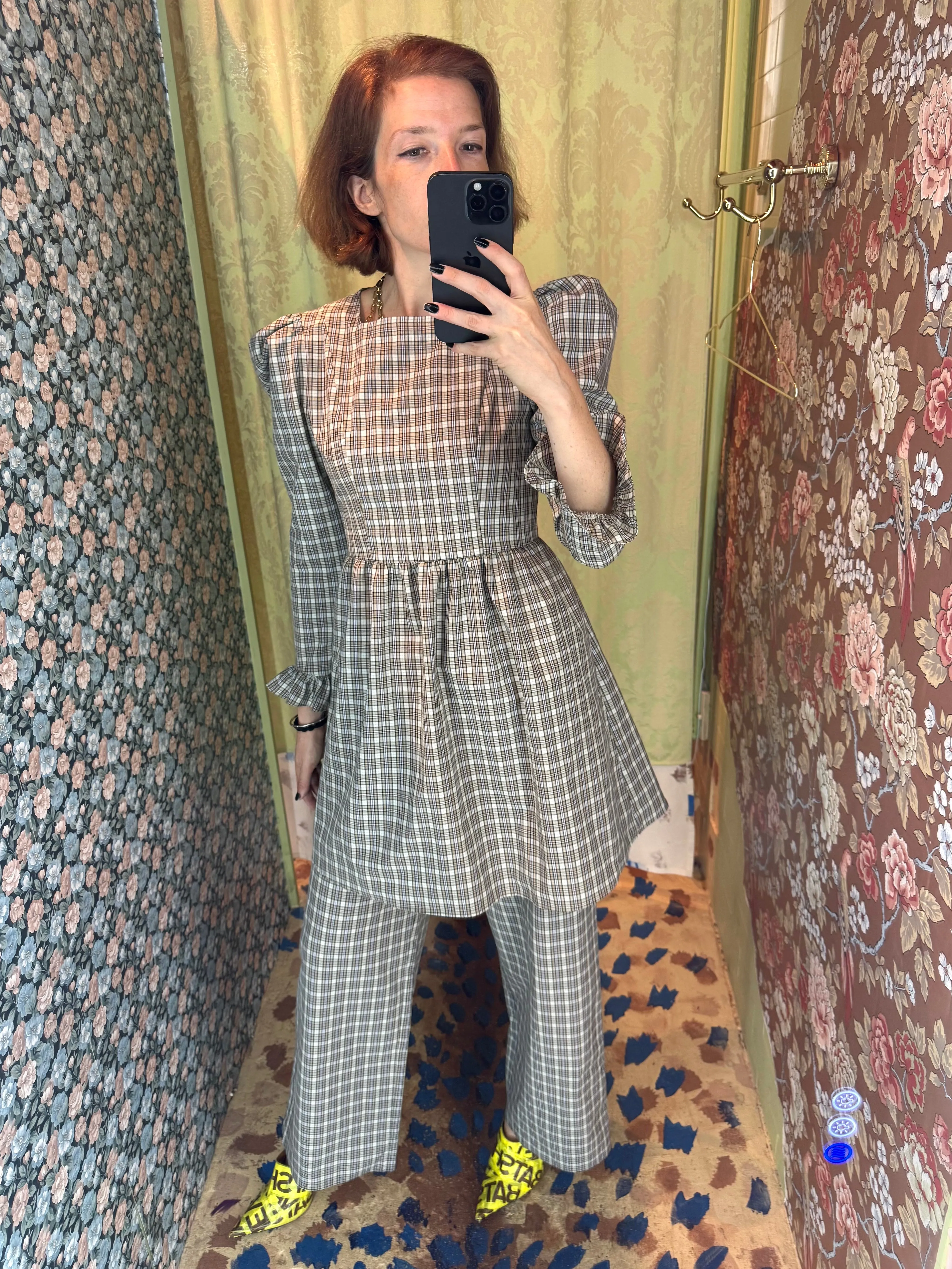 Square Neck Mini Prairie Dress in Beige Tartan sold by Batsheva