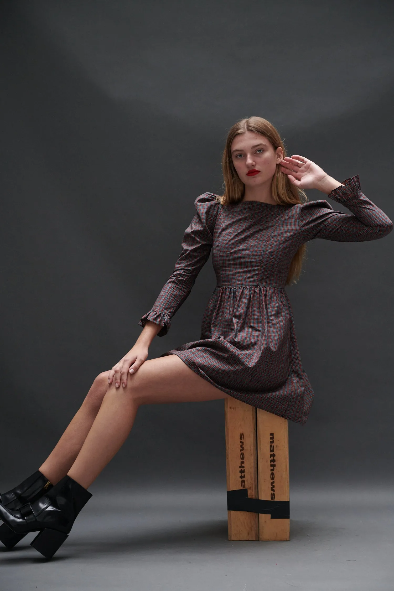 Square Neck Mini Prairie Dress in Burgundy Tartan sold by Batsheva product image thumbnail 2