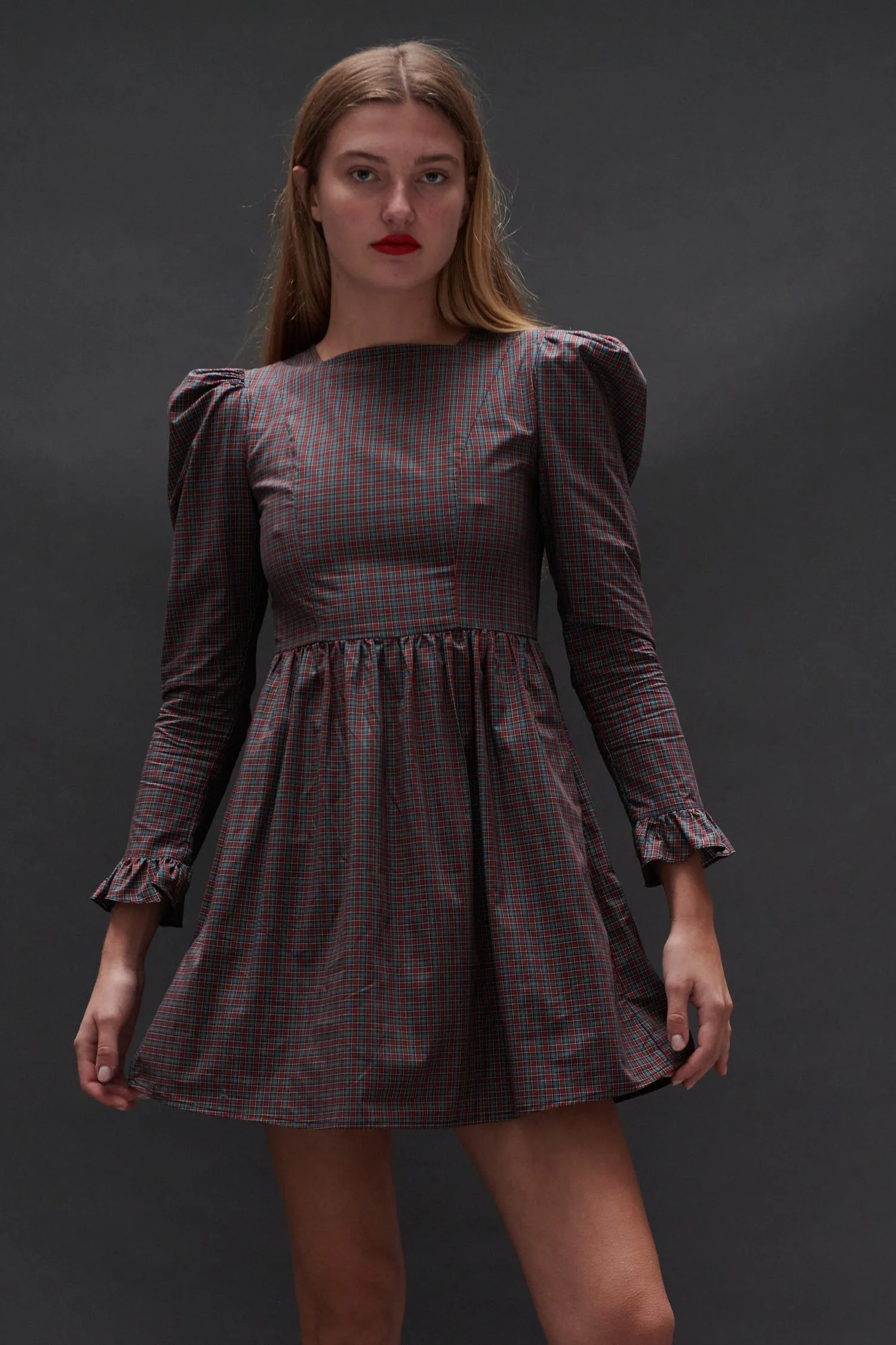 Square Neck Mini Prairie Dress in Burgundy Tartan sold by Batsheva product image thumbnail 3