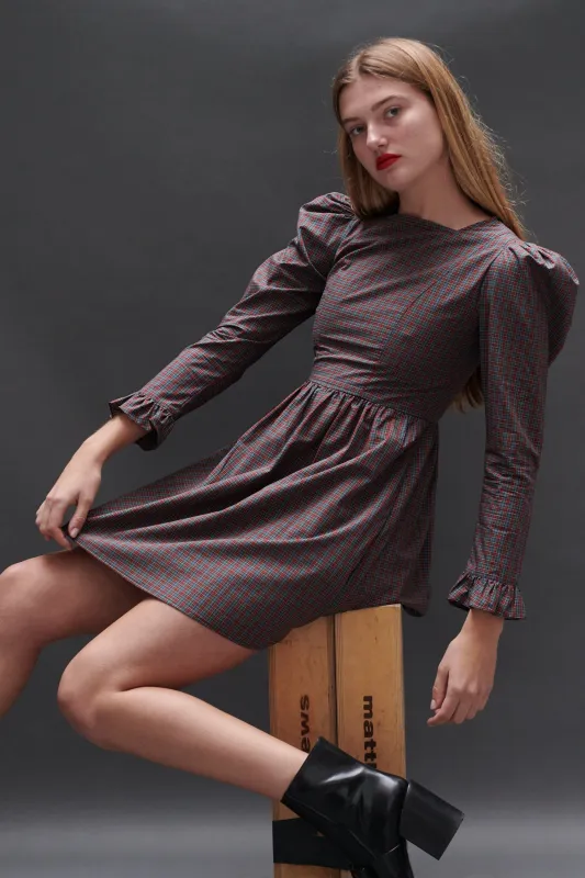 Square Neck Mini Prairie Dress in Burgundy Tartan made by Batsheva