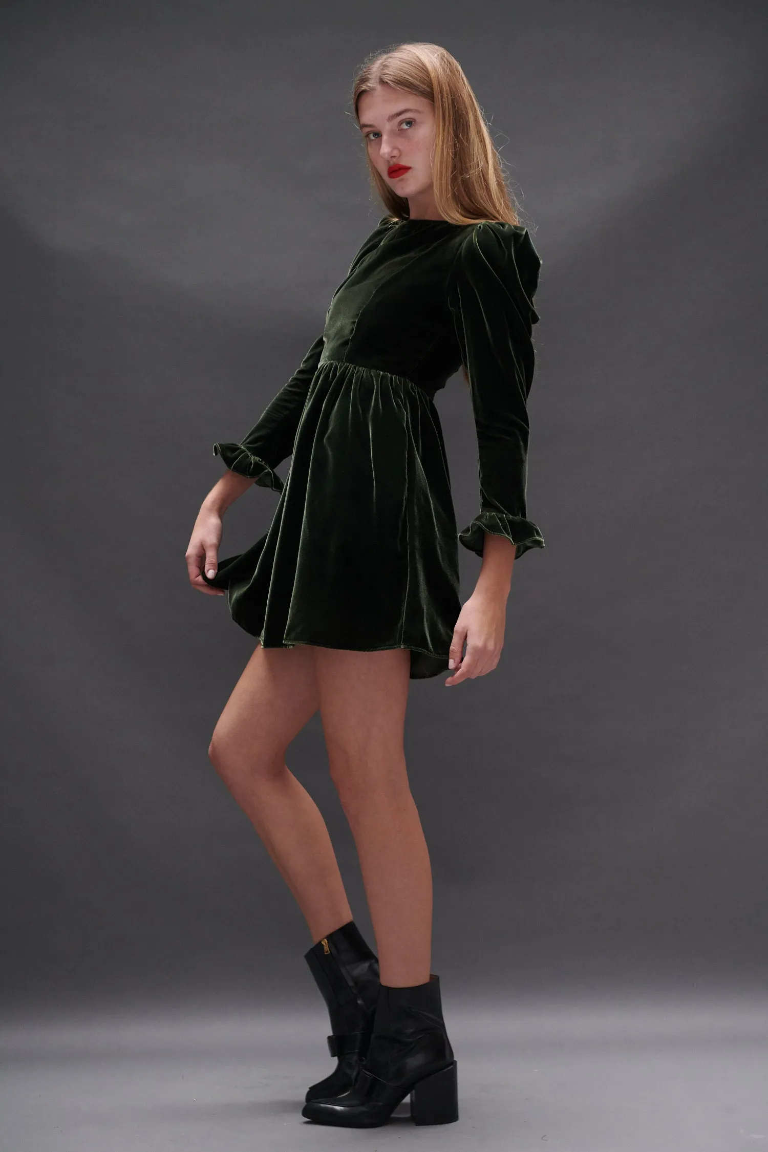 Square Neck Mini Prairie Dress in Olive Velvet sold by Batsheva product image thumbnail 4