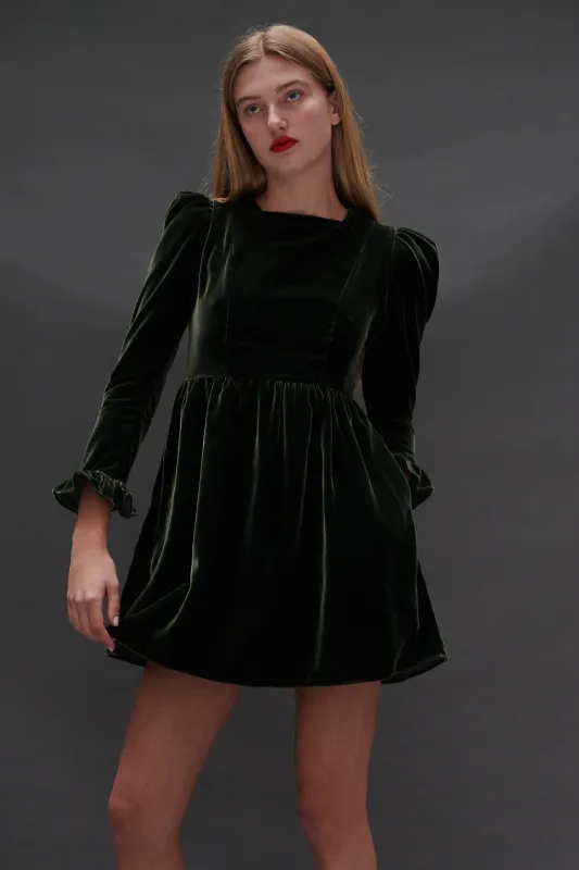 Square Neck Mini Prairie Dress in Olive Velvet sold by Batsheva