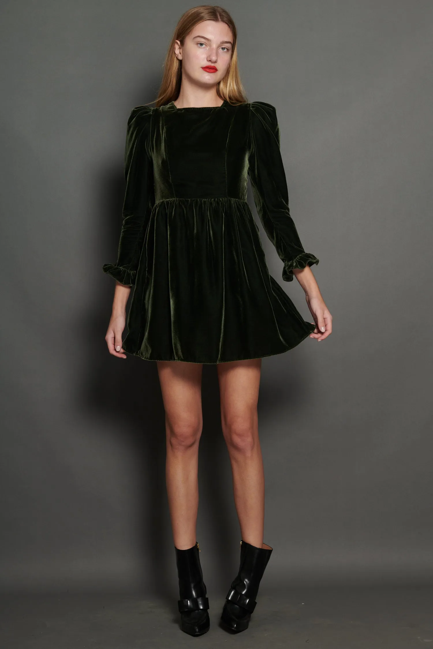 Square Neck Mini Prairie Dress in Olive Velvet sold by Batsheva product image thumbnail 5