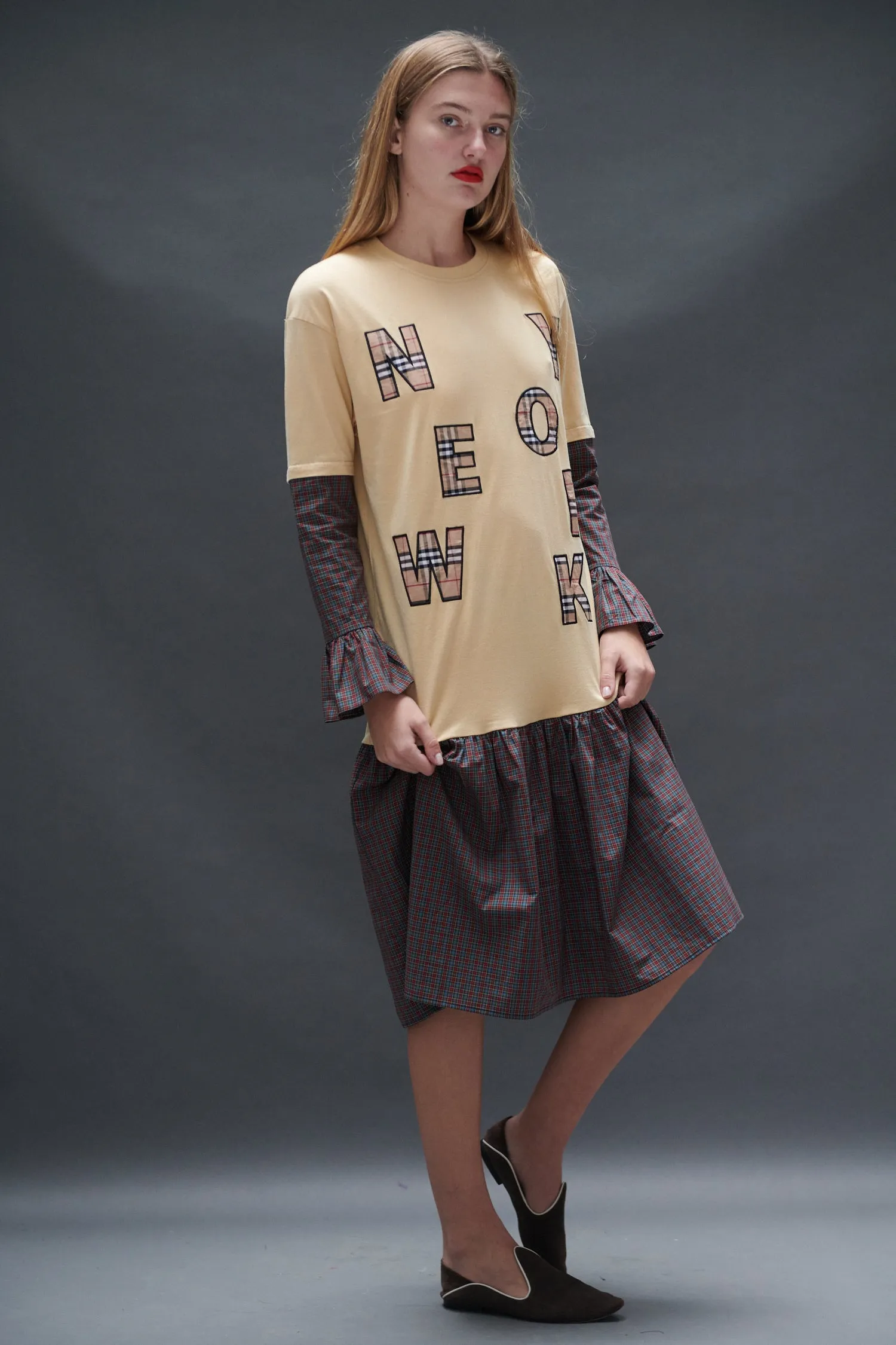 NEW YORK T-Shirt Dress in Burgundy Tartan sold by Batsheva product image thumbnail 4