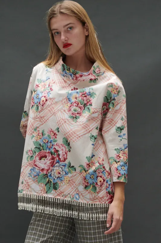 Abigail Coatdress in Floral Trompe L'Oeil Upholstery with Pearl Beaded Trim made by Batsheva