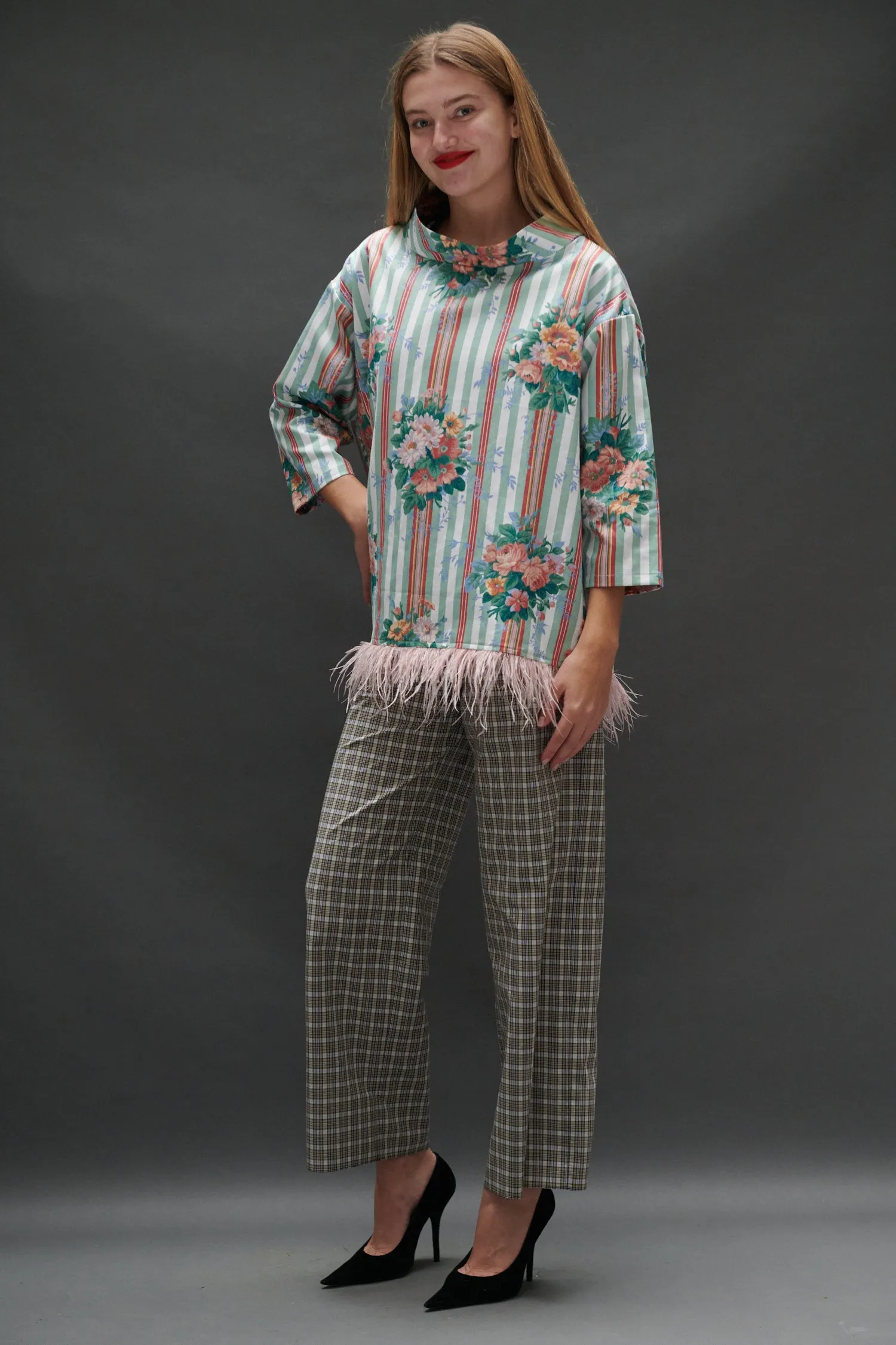 Abigail Coatdress in Floral Striped Upholstery with Ostrich Feather Trim sold by Batsheva product image thumbnail 3