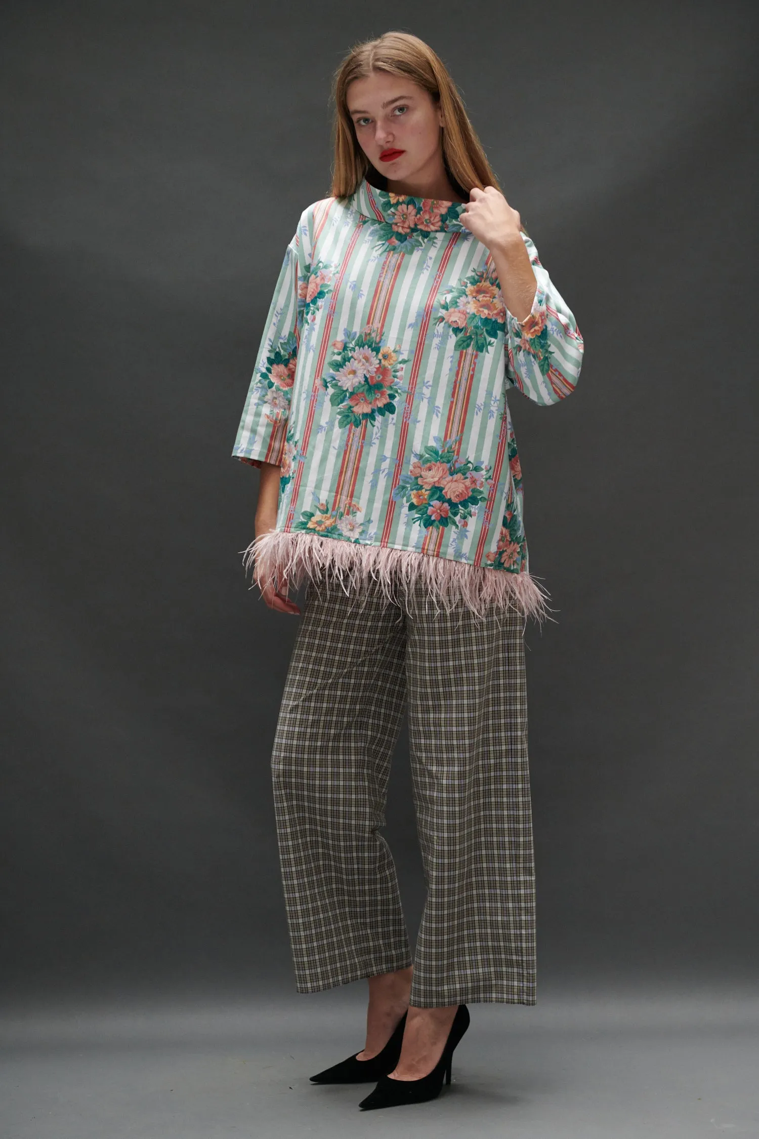 Abigail Coatdress in Floral Striped Upholstery with Ostrich Feather Trim sold by Batsheva product image thumbnail 4