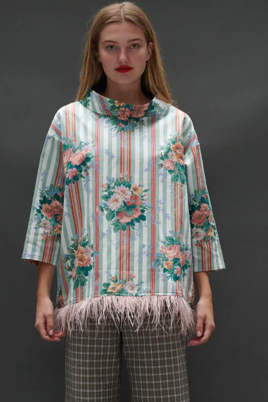 Abigail Coatdress in Floral Striped Upholstery with Ostrich Feather Trim sold by Batsheva